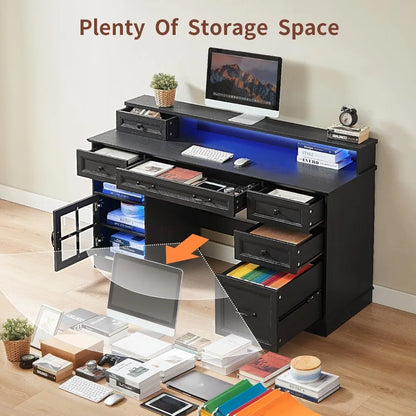Administrative desk with drawers, computer desk with file drawers, power sockets, and LED lights, administrative desk