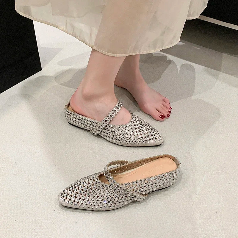 Crystal Women's Pointed Toe Slippers Luxury Flats Sandals Casual Mules Shoes Cozy New Trend Slides Fashion Dress Mujer Zapatos