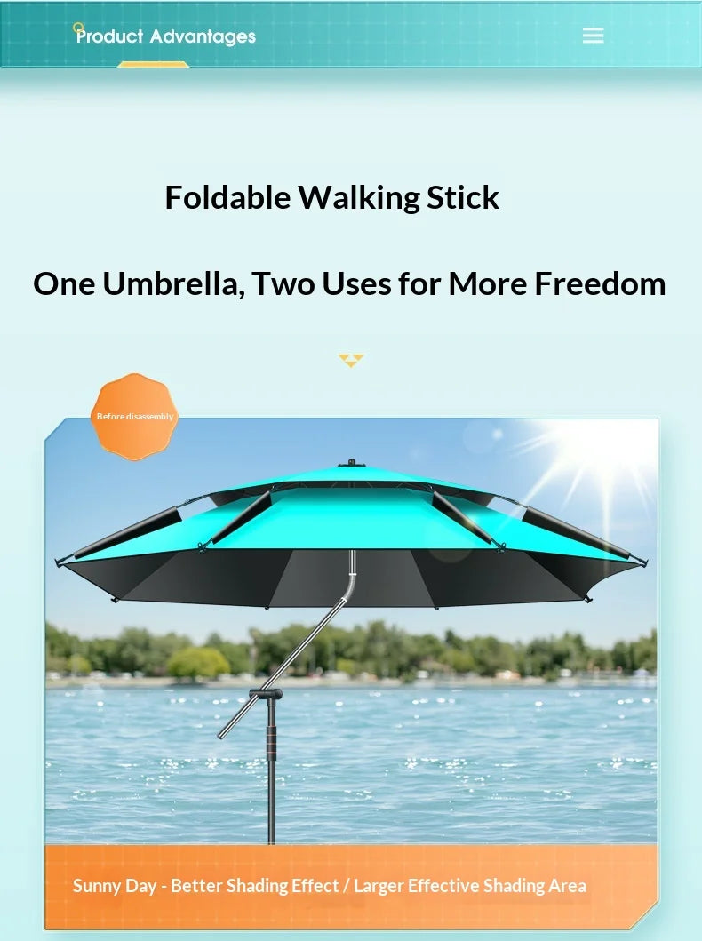 Outdoor Fishing Umbrella Heavy Duty Double Layer UV Protection Waterproof Upgraded Black Coating Patio Beach Base Included