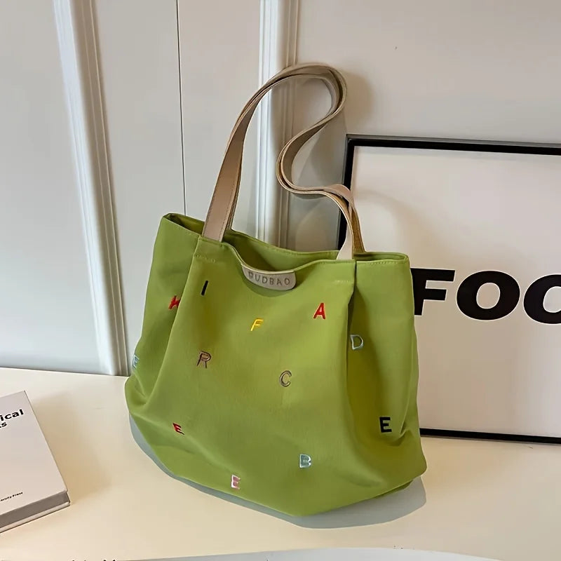 Women's large-capacity canvas handbag - fashionable embroidery letter design, green shoulder handbag