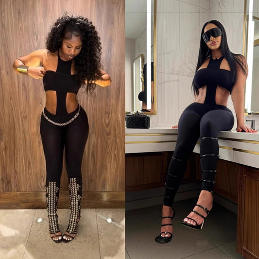 Y2k Sexy Two Piece Sets Woman Club Wear Halter Cross Crop Top and Skinny Pants Suits 2025 Female Jumpsuit Baddie Outfits