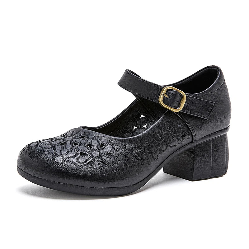 DIMANYU Women Floral Hollow Mary Jane Shoes Genuine Leather Mid Heel Summer Comfort Mother Shoes Ladies Dress Sandals