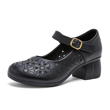 DIMANYU Women Floral Hollow Mary Jane Shoes Genuine Leather Mid Heel Summer Comfort Mother Shoes Ladies Dress Sandals