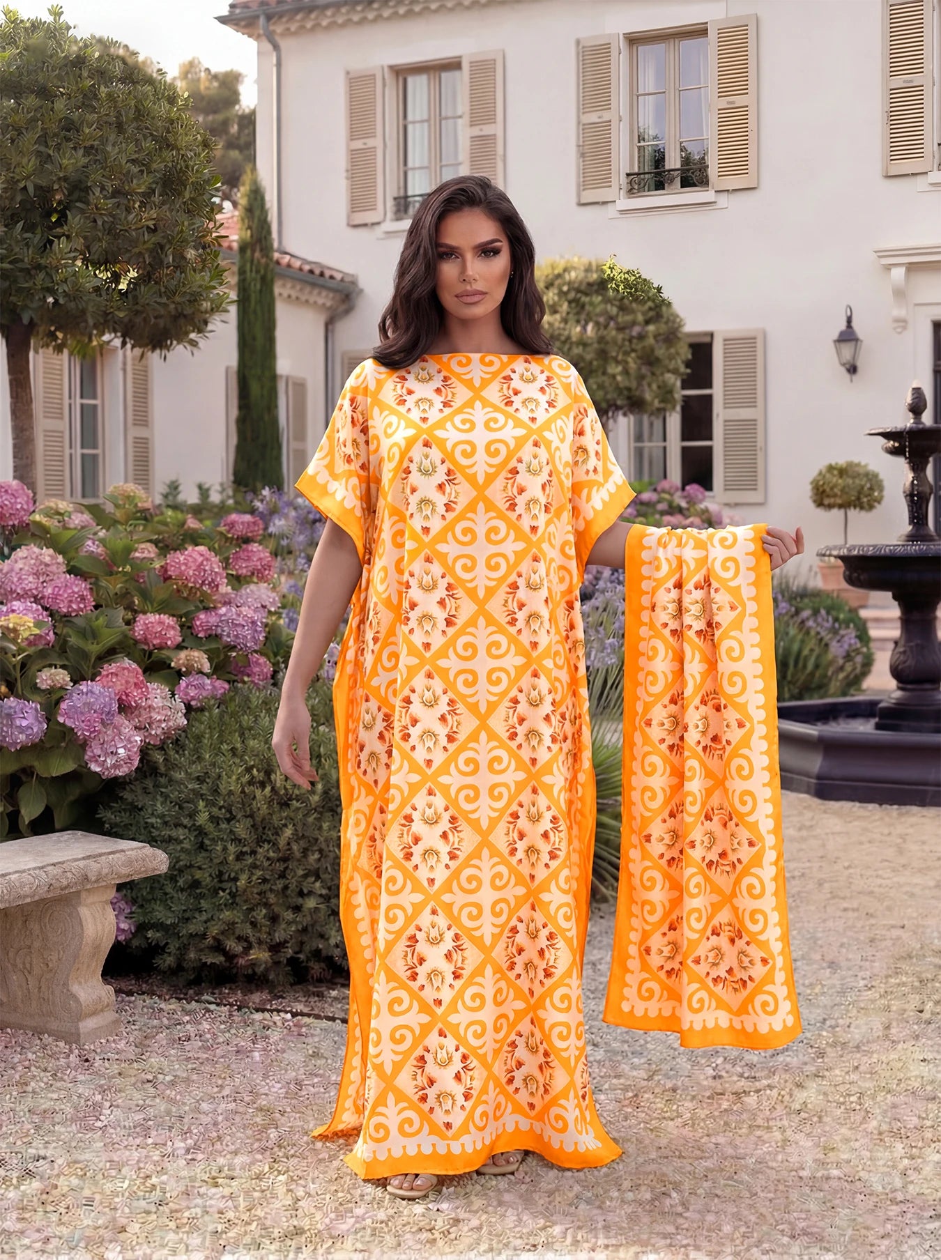 Boho Geometric Print Satin Abaya Scarf Set, Loose Batwing Maxi Kaftan For Muslim Women Summer Daily Holiday Wear
