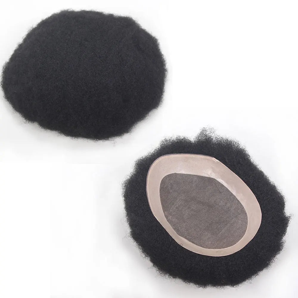 Afro Black Mens Toupee 4MM Man Wigs100% Human Hair African American Systems Afro Curly Hair pieces Replacement 1#Jet black 8x10"