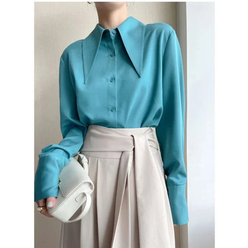 Spring Autumn New Elegant Long Sleeve Loose Shirt Tops Solid Color All-match Fashion Blouse Temperament Korean Women Clothing