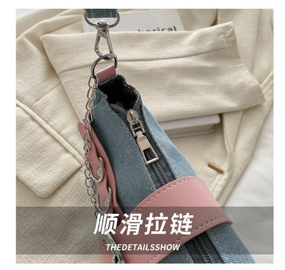 Y2k Hot Girls Denim Shoulder Bags Retro Rivet Star Women's Underarm Bag Portable Female Chain Armpit Bag Small Purse Handbags