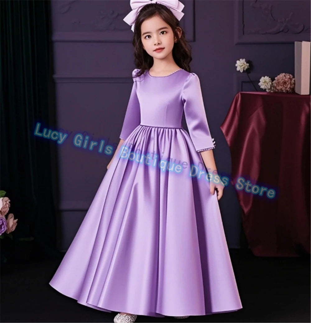 Lovely White Satin Flower Girl Dress for Wedding Dresses Little Princess Bow Kids Birthday Party Evening Customise Gowns
