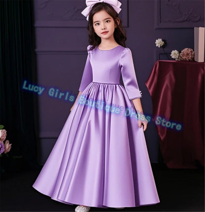 Lovely White Satin Flower Girl Dress for Wedding Dresses Little Princess Bow Kids Birthday Party Evening Customise Gowns