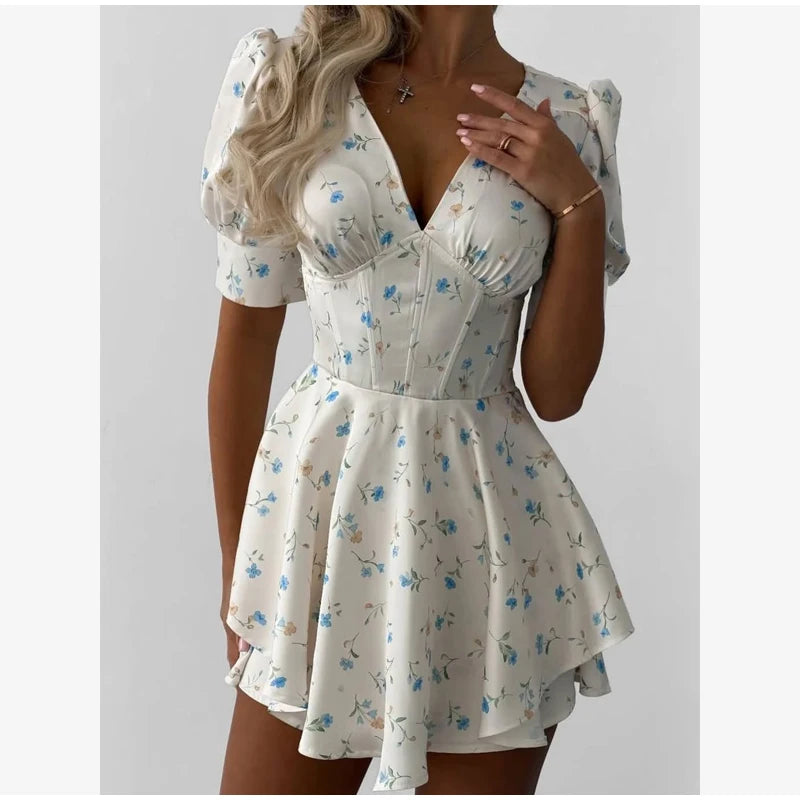 Vintage Floral Halter Deep V Neck Women's Dress Sexy Side Waist Cutout Flowy Long Sundress Summer New Chic Vacation Party Outfit