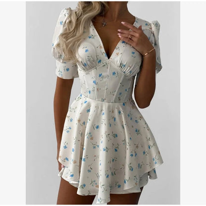 Vintage Floral Halter Deep V Neck Women's Dress Sexy Side Waist Cutout Flowy Long Sundress Summer New Chic Vacation Party Outfit