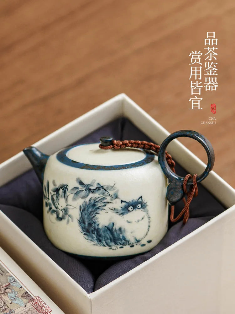 102ml Hand Painted Cat Teapot Ancient Tea Infuser Pot Household Tea Maker Kettle With Filter Dahongpao Drinkware Supplies Craft