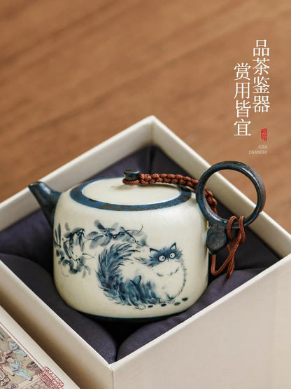102ml Hand Painted Cat Teapot Ancient Tea Infuser Pot Household Tea Maker Kettle With Filter Dahongpao Drinkware Supplies Craft