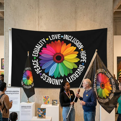 Rainbow Flower Kindness Diversity Flag Double Sided 3 Ply Polyester Banner Peace Equality Inclusive Pride Flag For Home & Yard