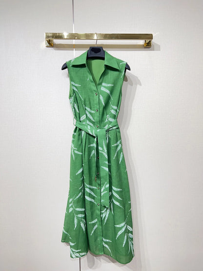 ZJYT New Summer Women's Sleeveless Green Dress Elegant Print Single Breasted Casual Holiday Midi Dresses Vestidos Female Clothes