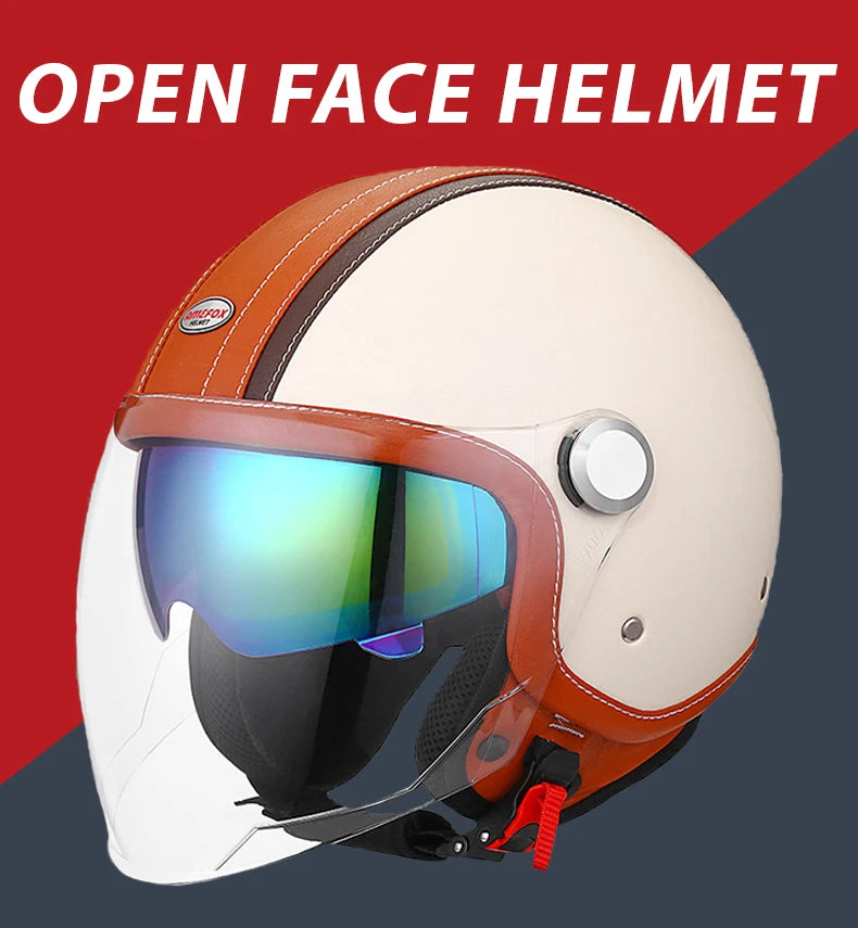 DOT Open Face Motorcycle Helmets Double Visor Retro Jet Helmet Leather Vintage Men Women 3/4 Open Half Helmet with Inner Lens