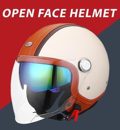 DOT Open Face Motorcycle Helmets Double Visor Retro Jet Helmet Leather Vintage Men Women 3/4 Open Half Helmet with Inner Lens