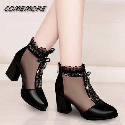 2025 Elegant High Heels Mesh Bow Summer Shoes High Heel Women Sandals Fish Mouth Black Leather Sandal Ankle Boots Luxury Fashion