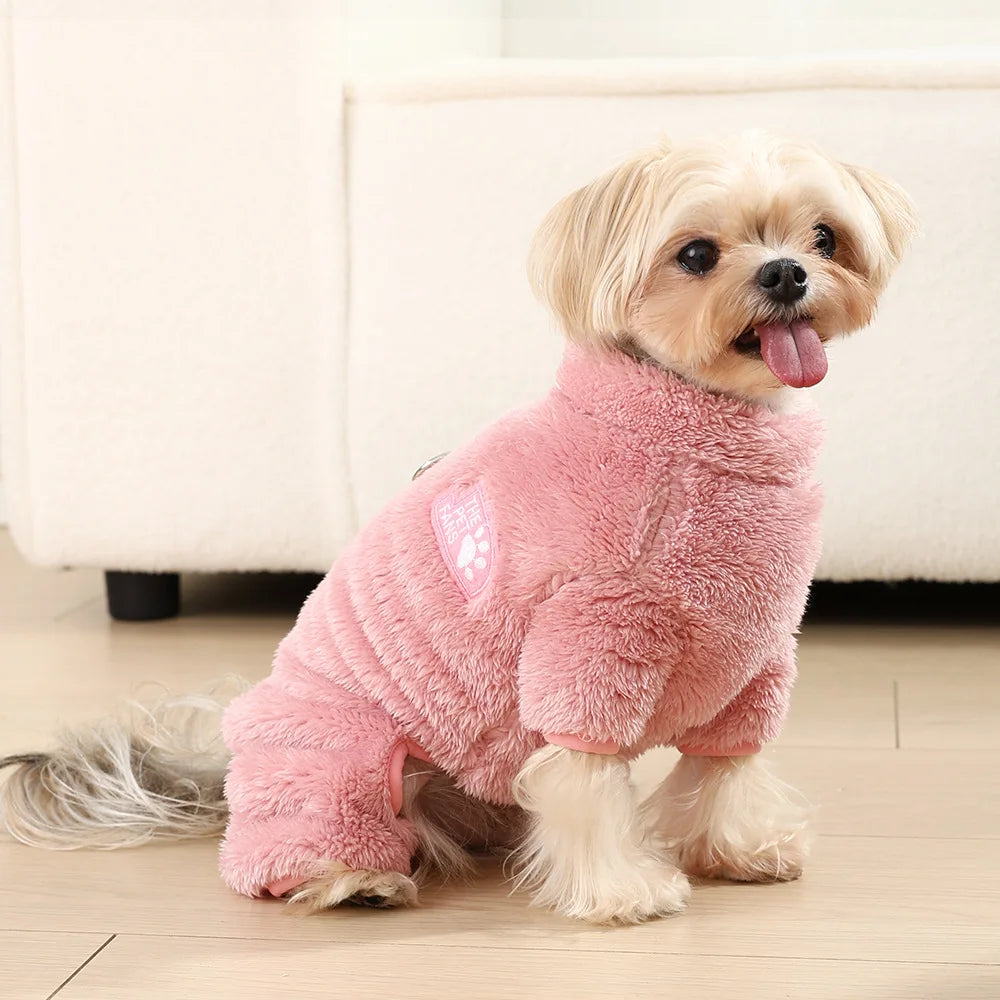 Soft Fleece Dog Clothes Winter Four Legs Covered Plush Pet Coat D-Ring Zipper Puppy Jacket Autumn Overall For Small Middle Dog