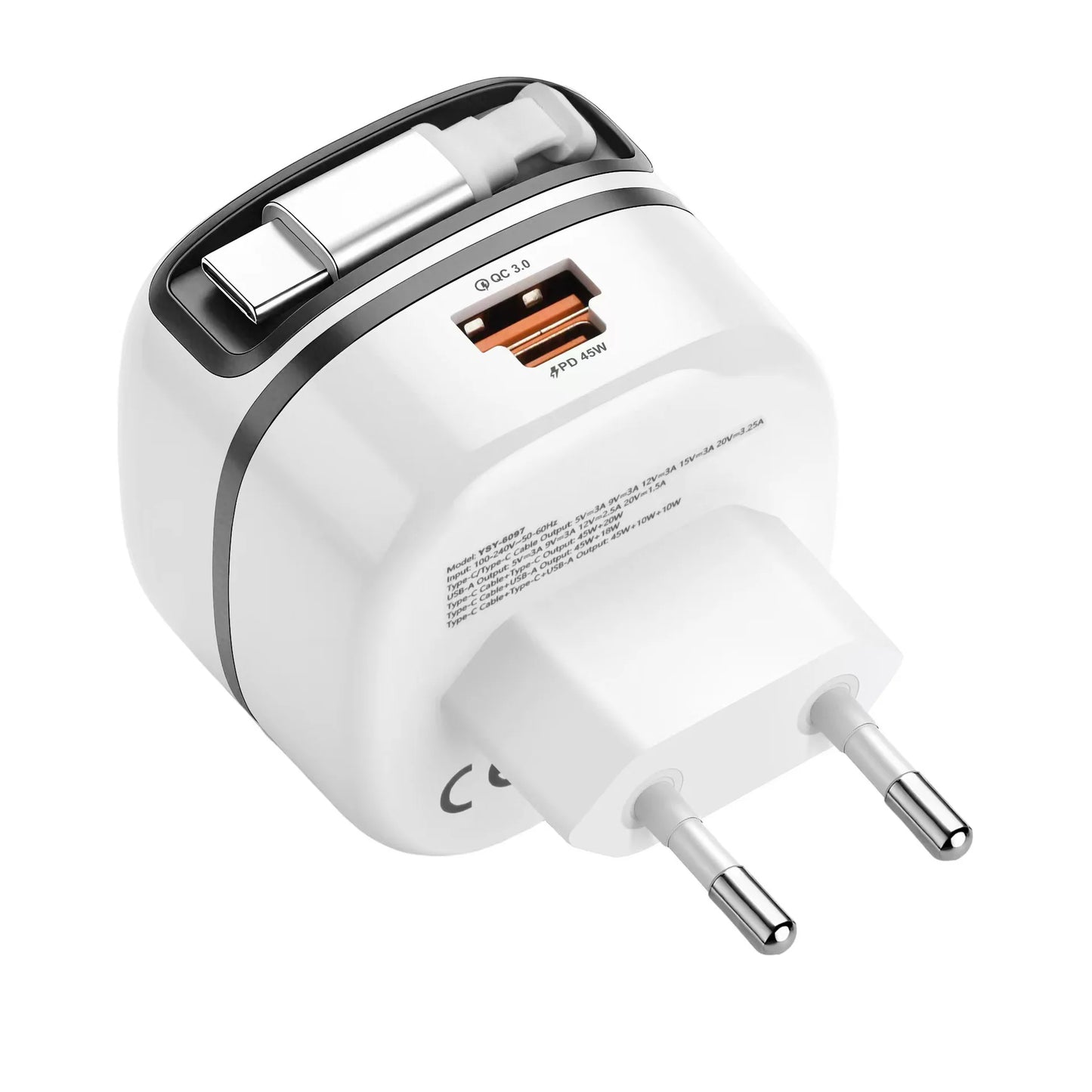 HAPPORIA 65W USB C Fast Charger Retractable Cable 3 Port Travel Adapter Foldable Plug PD Charger for iPhone 15 16 17 Samsung
