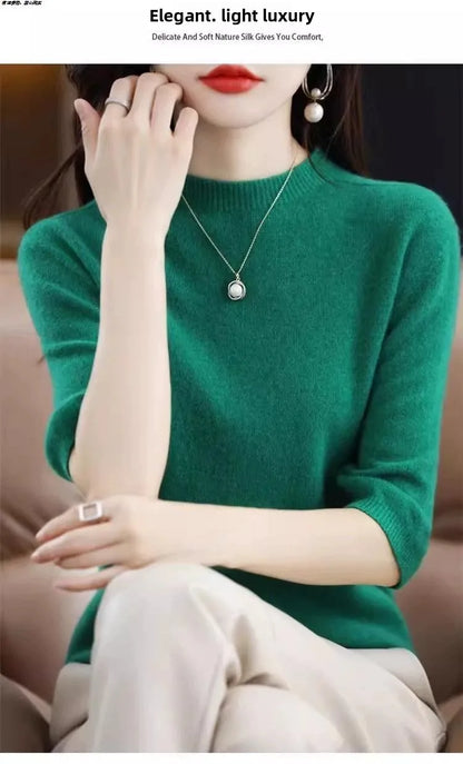 2026 New Soft Short Sleeve Women's Half High Neck Overhead Wool Blend Simple Loose Thin Seven Sleeve Woolen Sweater