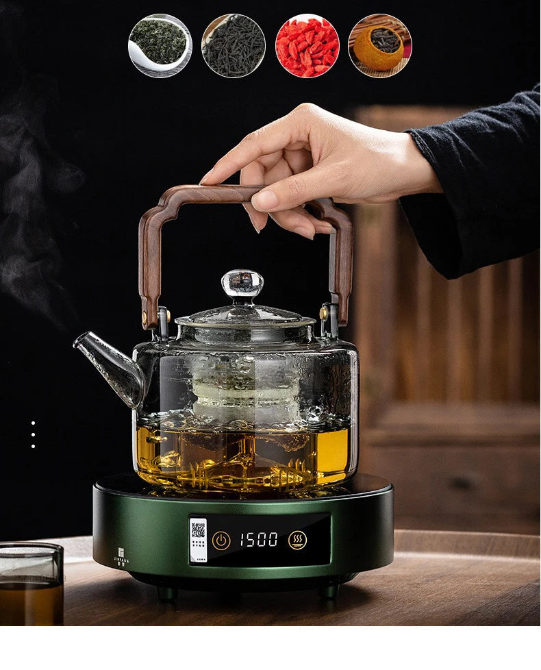 JUSTINLAU 1.3L Glass Teapot Integrated Steaming&Boiling Kettle with Thickened Filter&Wooden Handle Household Kung Fu Tea Set