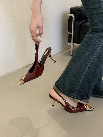 Fashion Design Inlay Gems Pointed Toe Patent Leather Sexy Slingback Sandals Women Pumps High Heels Wedding Banquet Shoes