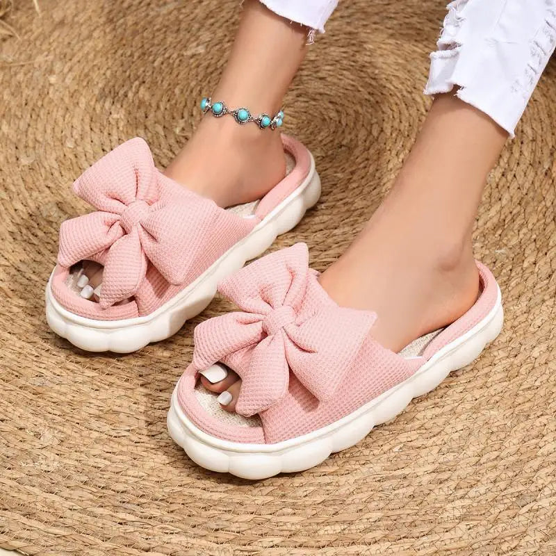 Linen Casual Platform Slippers Women Home Bowknot Luxury Designer Woman Shoes Flats Elegant Fashion Footwear Lovely Large Size