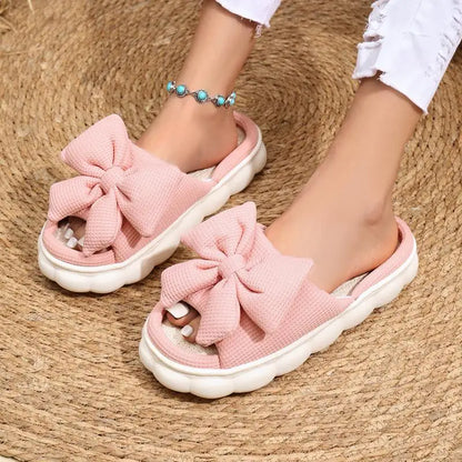 Linen Casual Platform Slippers Women Home Bowknot Luxury Designer Woman Shoes Flats Elegant Fashion Footwear Lovely Large Size