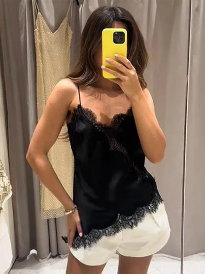 Sexy Floral Lace Satin Patchwork Camisole Vest For Women Summer Y2K Sleeveless Backless Tank Holiday Evening Party Lady Chic Top