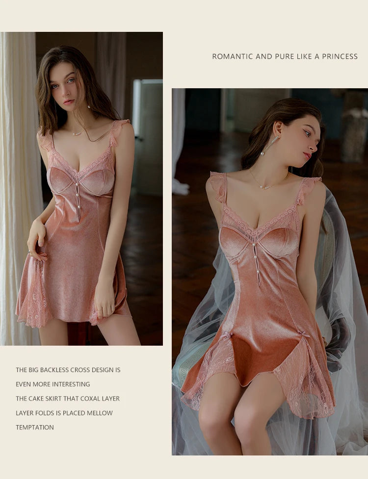 REBEYULI Sexy Sleepwear Women Deep V Solid Lace Velvet Mini Dress with Chest Pad Sweet Fly Sleeves Casual Robe Gown Set Women