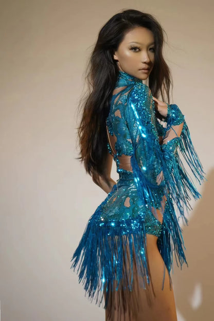 Sexy Skinny Leotard Singer Dancer Show StageWear Sparkly Blue Rhinestones Women DanceCostume Fringes One Shoulder Bodysuit  7G