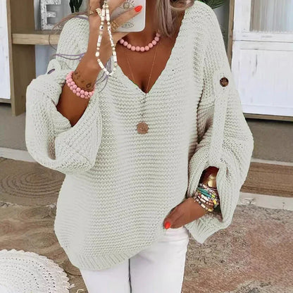 Lady Casual Knitted V Neck Sweater Fall Winter Fashion Button Warm Commuter Jumper Elegant Solid Adjustable Long Sleeve Pullover