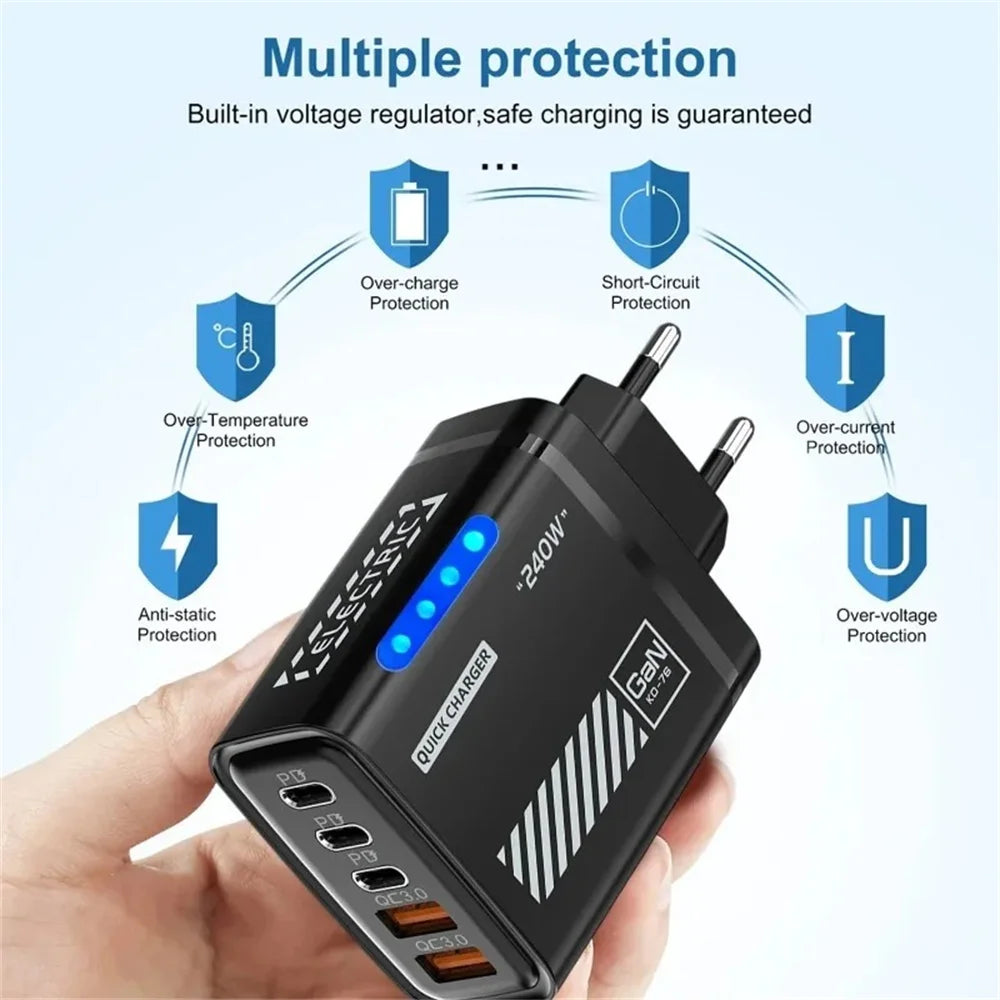 240W GaN Fast Charger 5 Ports 3USB C 2USB QC3.0 Quick Charge Plug Travel Wall Charger for iPhone Samsung Xiaomi Tablet EU/US/UK