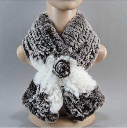 Hot Russian Women Knit Real Rex Rabbit Fur Scarf Lady Fashion Floral Rex Rabbit Fur Mufflers Hot Winter Warm Natural Fur Scarves