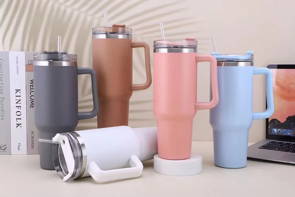 Mug Tumbler 40oz with Straw Handle Coffee Insulated 304 Stainless Steel Car Cup Keeps Cold Beer with Lids Tumbler Thermos Cup