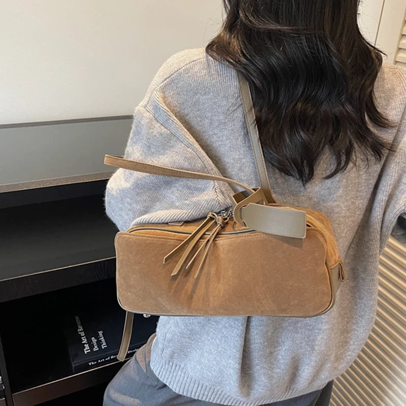 Retro Red Suede Wedding Shoulder Bag Luxury Designer Women Versatile Underarm Bags Elegant Female Large Capacity Handbags