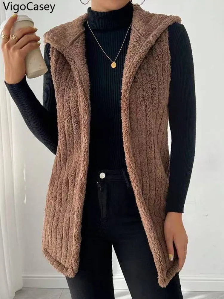 VigoCasey 2025 Autumn Winter Brown Long Thick Vest Coat Woman Sleeveless Plush Warm Waistcoat Lady Hooded Casual Vest Jacket