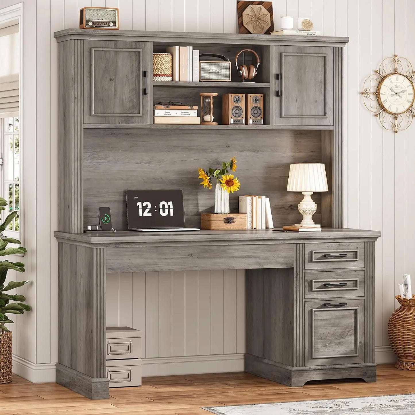 Office Desk with 3 Drawers, 47.2' Executive Computer Desk with Storage Drawers and Hutch Cabinet, Wood Farmhouse Desk with