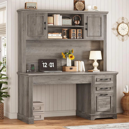 Office Desk with 3 Drawers, 47.2' Executive Computer Desk with Storage Drawers and Hutch Cabinet, Wood Farmhouse Desk with