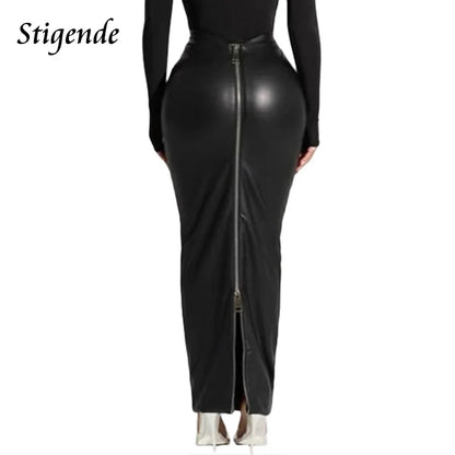 Stigende Women Sexy Pu Leather Full Zipper Long Skirt High Split Black Faux Leather Slim Fit Maxi Skirt