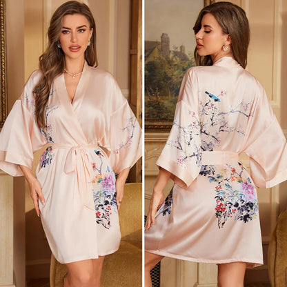 Navy Blue Print Flower Robe Nightgown Silk Satin Female Sleepwear Nightdress Spring Summer Loose Kimono Bathrobe Gown Home Wear