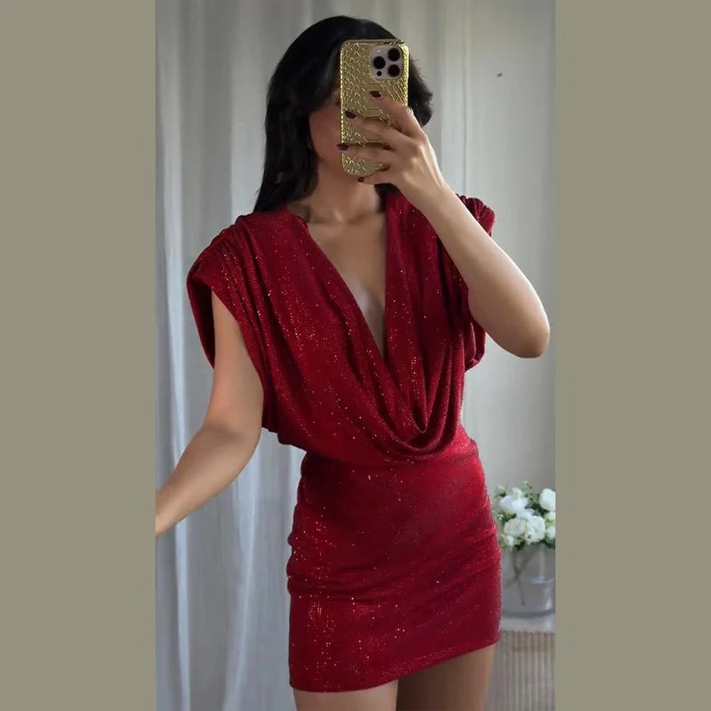 Chic Sequin V-neck Dress Women Sexy Sleeveless Pleated Waist-cinched Empire Dresses Elegant Party Spring New Lady Gown 2026