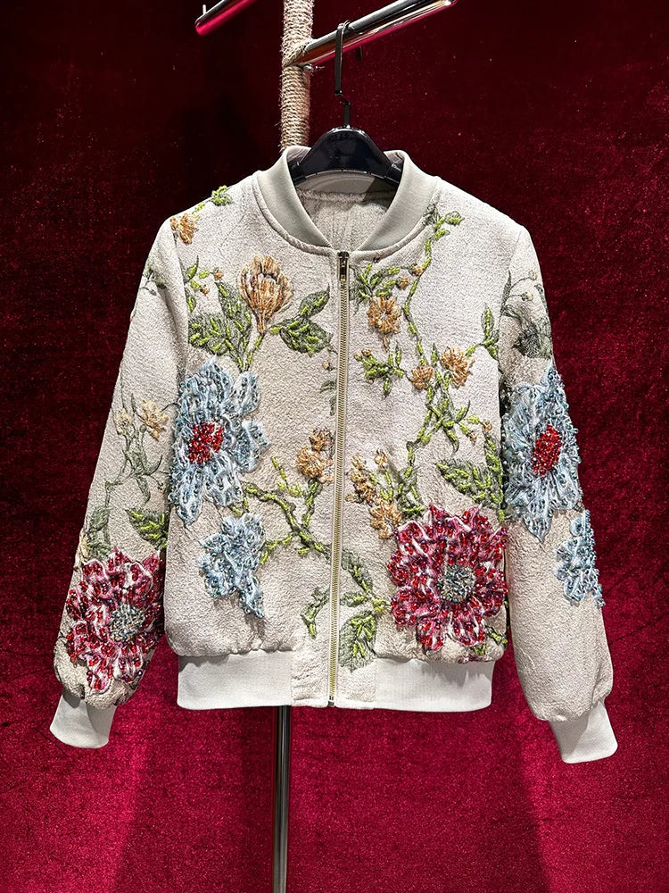 Luxury Beaded Embroidered Jacquard Bomber Jacket Women 2025 New Fashion Casual Chic Baseball Coat Elegant Versatile Outerwear