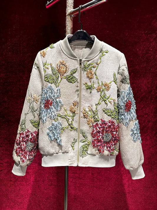 Luxury Beaded Embroidered Jacquard Bomber Jacket Women 2025 New Fashion Casual Chic Baseball Coat Elegant Versatile Outerwear