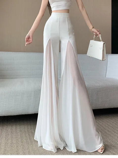 White mesh fishtail flared pants women summer thin design high waist hanging feeling elegant chiffon wide leg casual pants