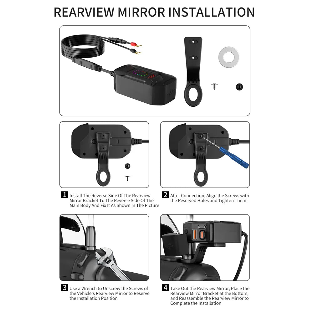 6.8A PD+QC3.0 Motorcycle Phone Charger Handlebar Dual USB Socket 60W Waterproof 12V Power Supply Adapter with Switch Voltmeter