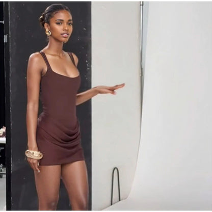 Women Square-neck Halter Mini Dress Sexy Pleated Sleeveless Backless High Waist Bodycon Dresses 2025 New Summer Lady Party Robes