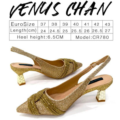 Venus Chan 2024 Special Design High Quality Orange Color African Women Shoes and Bag Set with Shinning Crystal for Wedding Party