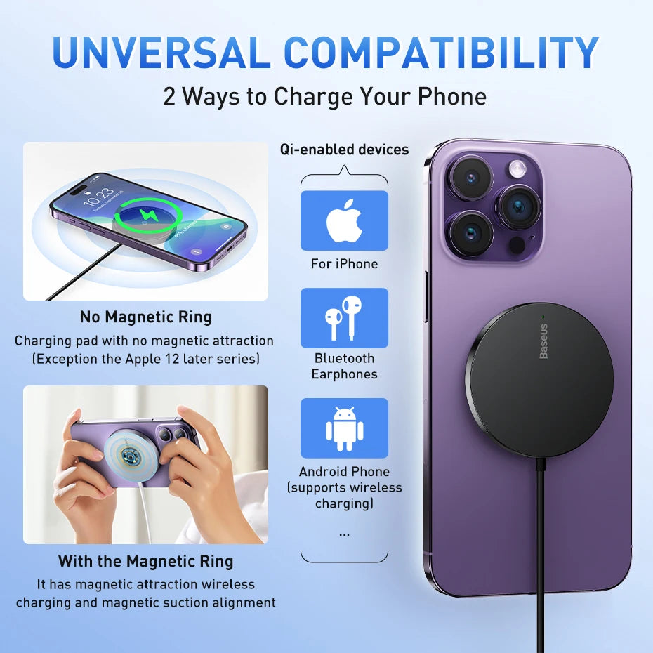 Baseus 15W Magnetic Wireless Chargers Qi Qi2 Wireless Charger Fast Charging Pad for iPhone 17 16 15 14 Mini Phone Charger Quick
